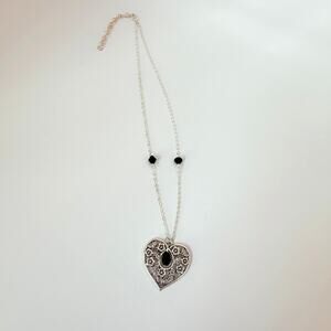 Black Swarovski Crystal Filagr Heart Necklace in Silver Adjustable